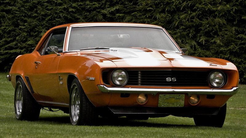 Orange Muscle Car — Calm, Afternoon, Photograph, Grass, Trees, Chrome Grille