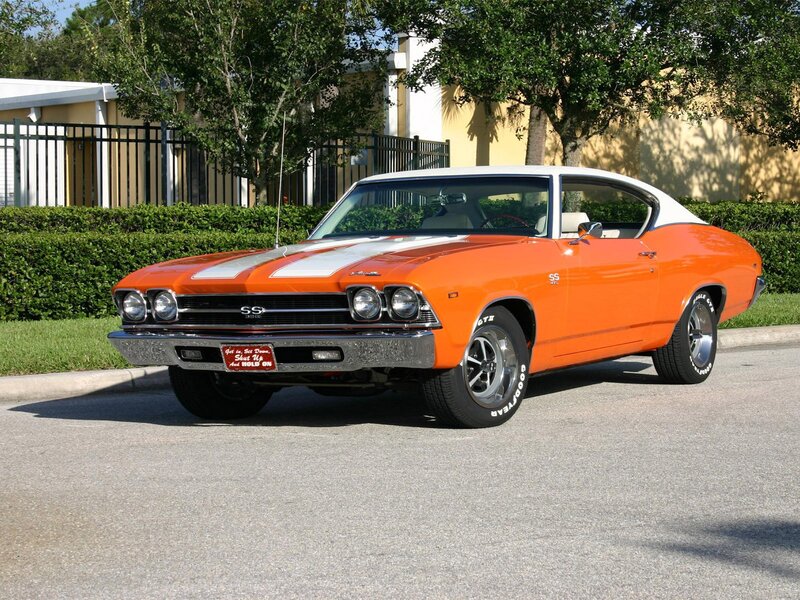 Orange Muscle Car — Calm, Afternoon, Photograph, Trees, Hedge, White