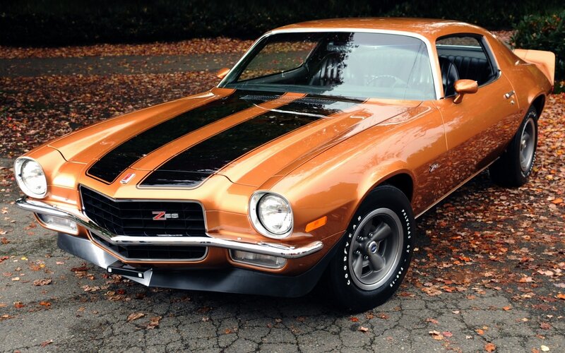 Orange Muscle Car — Calm, Autumn, Photograph, Fallen Leaves