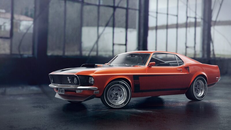 Orange Muscle Car — Dramatic, 3d Render, Garage