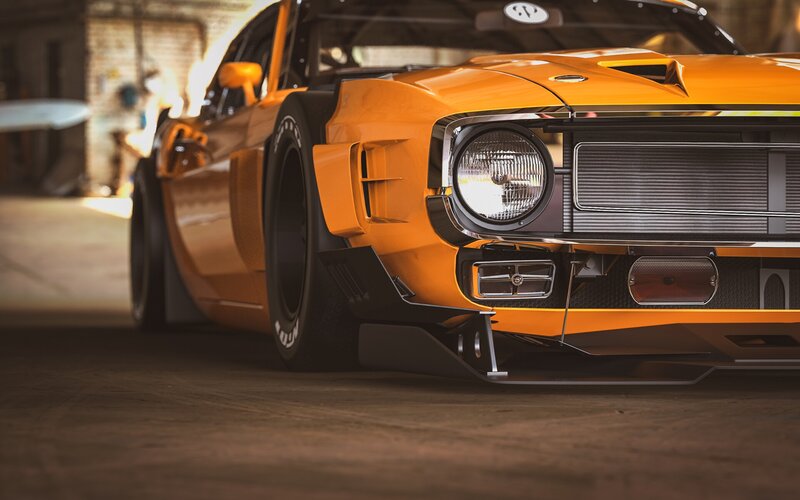 Orange Muscle Car — Dramatic, 3d Render, Headlight