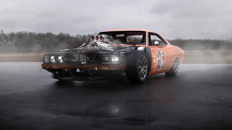 Orange Muscle Car — Dramatic, 3d Render