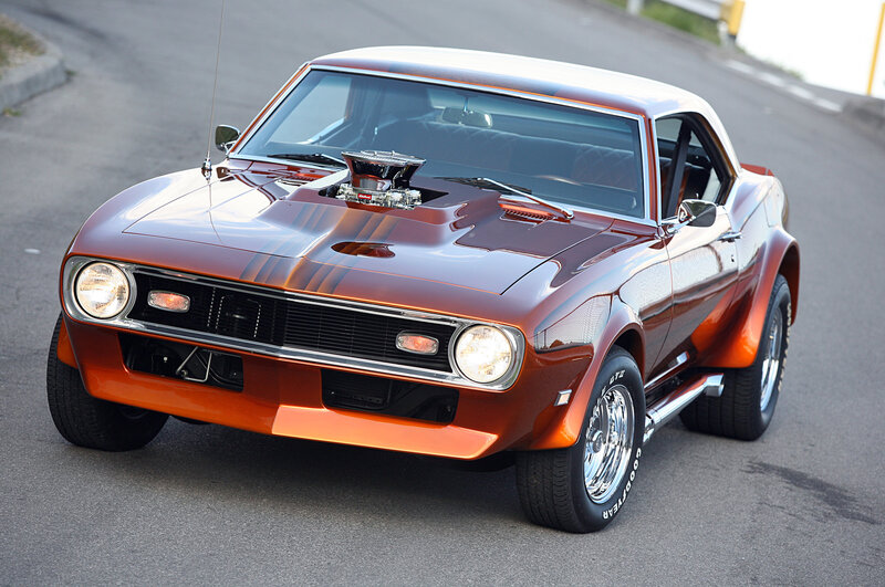 Orange Muscle Car — Dramatic, Afternoon, Photograph, Road