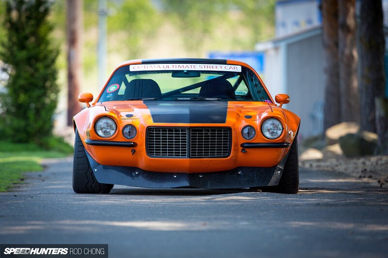 Orange Muscle Car — Dramatic, Afternoon, Photograph, Road, Trees