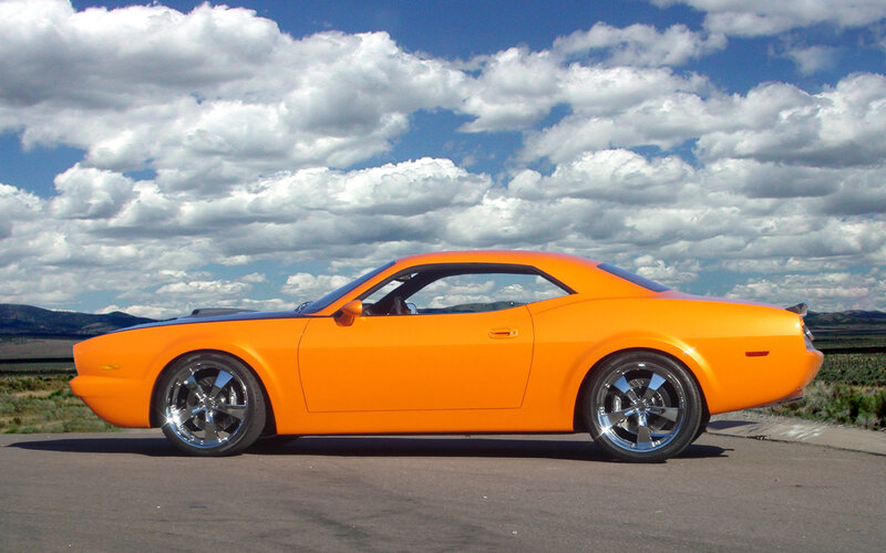 Orange Muscle Car — Dramatic, Afternoon, Photograph, Sky, Mountains