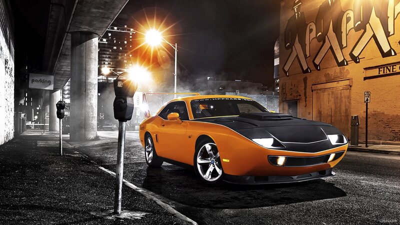 Orange Muscle Car — Dramatic, Night, Digital Art, Parking Meter