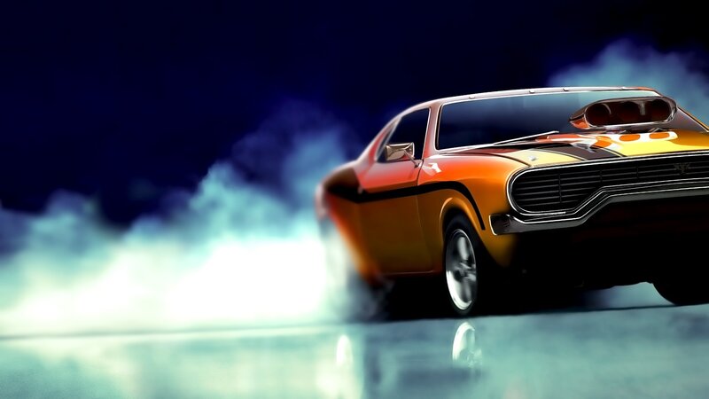Orange Muscle Car — Dramatic, Night, Digital Art, Smoke