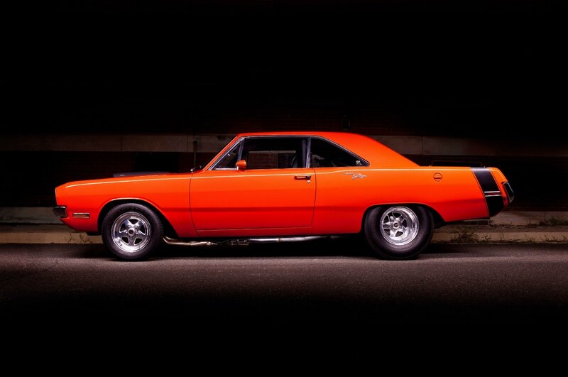 Orange Muscle Car — Dramatic, Night, Photograph, Asphalt
