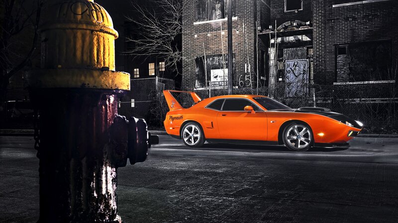 Orange Muscle Car — Dramatic, Night, Photograph, Fire Hydrant, Abandoned Building, Street, Black