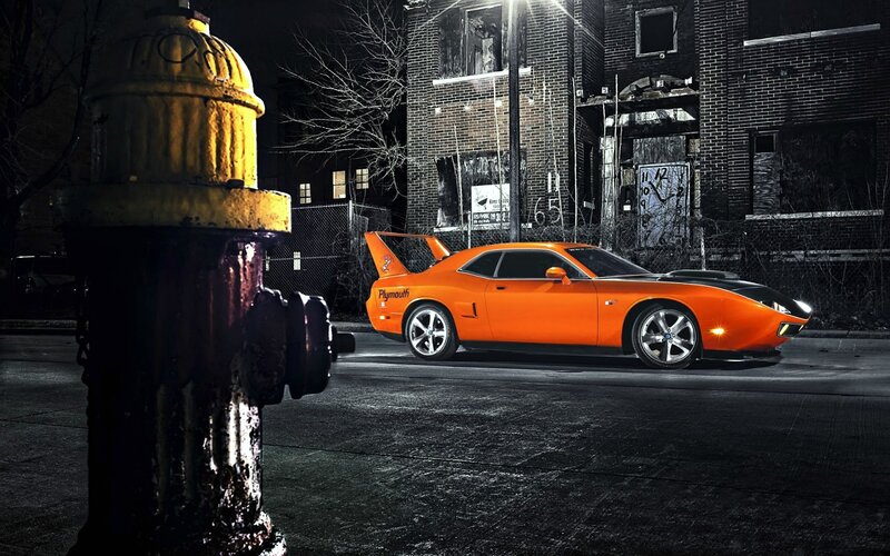 Orange Muscle Car — Dramatic, Night, Photograph, Fire Hydrant