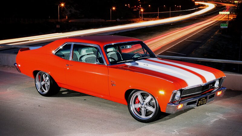 Orange Muscle Car — Dramatic, Night, Photograph, Highway, Light Trails, White