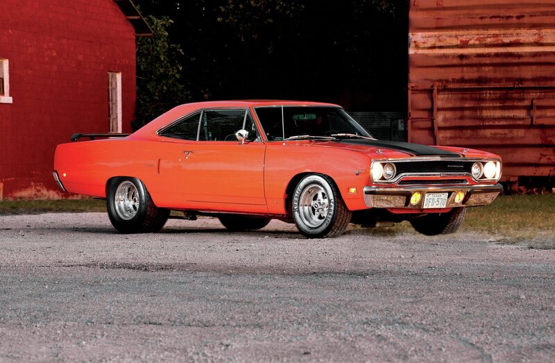 Orange Muscle Car — Dramatic, Night, Photograph, Red Building
