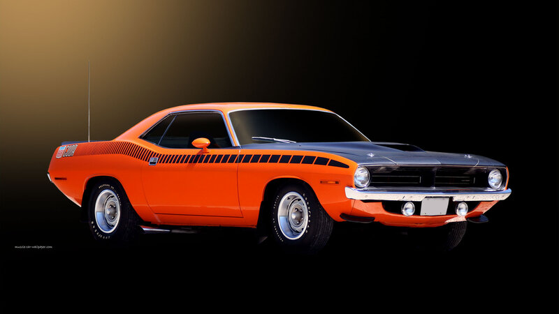 Orange Muscle Car — Dramatic, Photograph, Black Stripes, Chrome Grille
