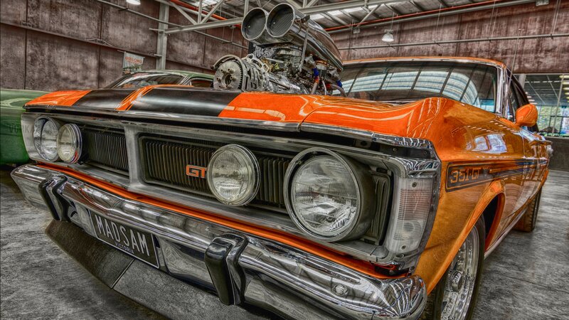 Orange Muscle Car — Dramatic, Photograph, Car Engine