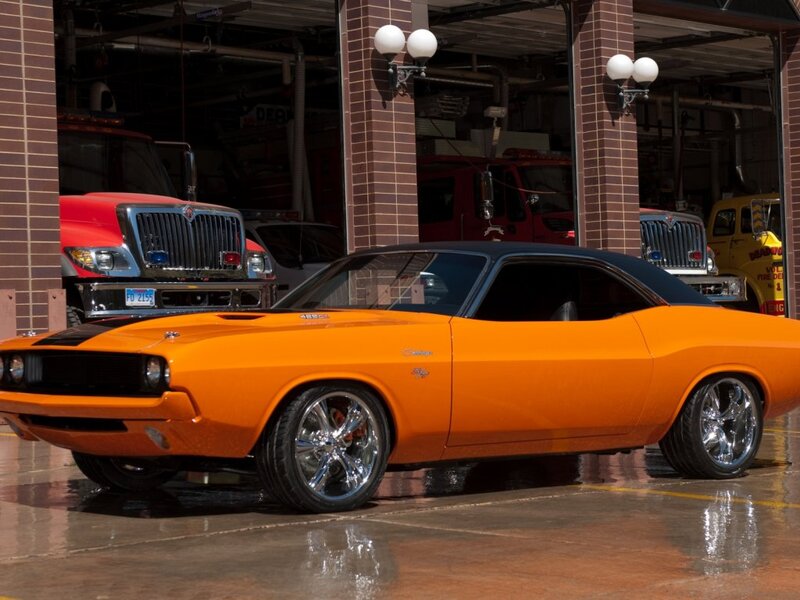 Orange Muscle Car — Dramatic, Photograph, Fire Trucks