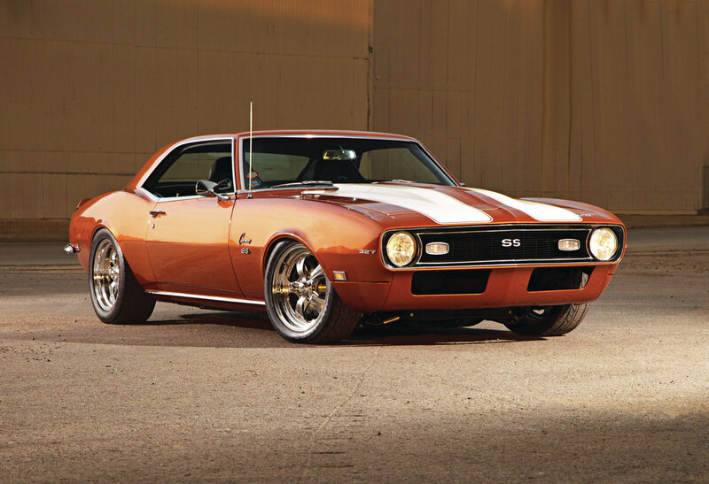 Orange Muscle Car — Dramatic, Photograph, White Racing Stripes