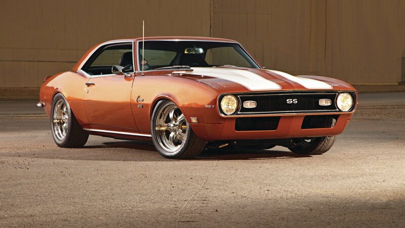 Orange Muscle Car — Dramatic, Photograph, White Stripes