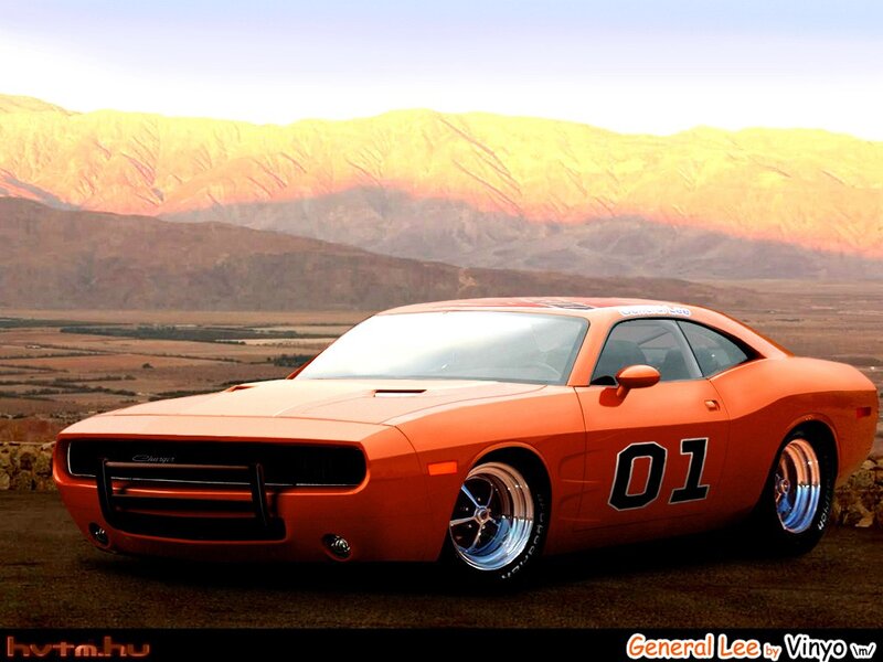 Orange Muscle Car — Dramatic, Sunset, Digital Art, Mountains, Desert