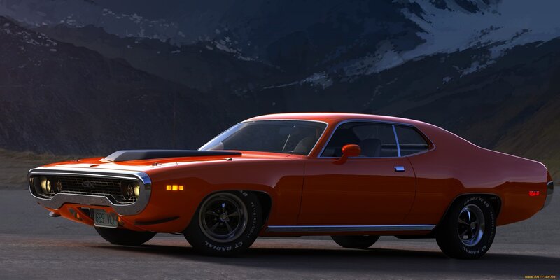 Orange Muscle Car — Dramatic, Sunset, Digital Art, Mountains