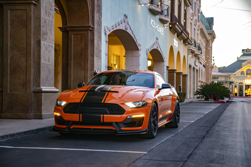 Orange Muscle Car — Dramatic, Sunset, Photograph, Building
