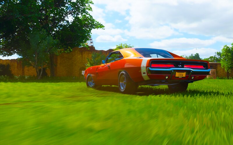 Orange Muscle Car — Dynamic, Afternoon, 3d Render, Grass