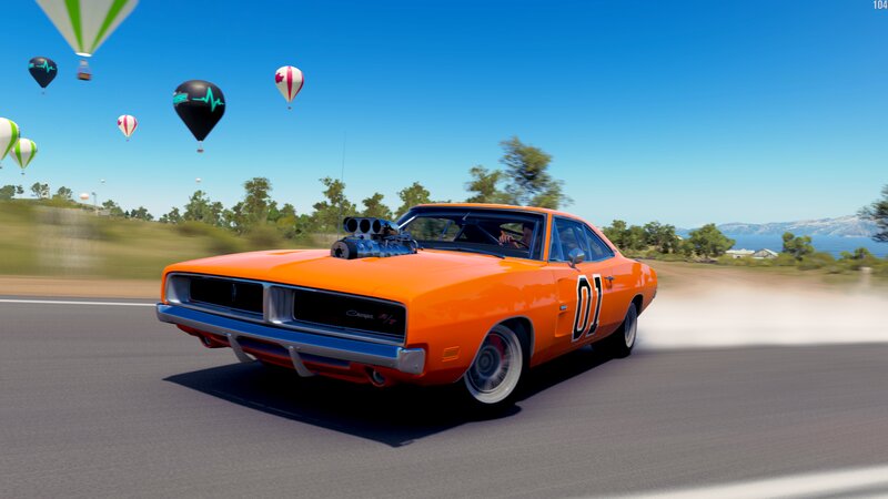 Orange Muscle Car — Dynamic, Afternoon, 3d Render, Hot Air Balloons