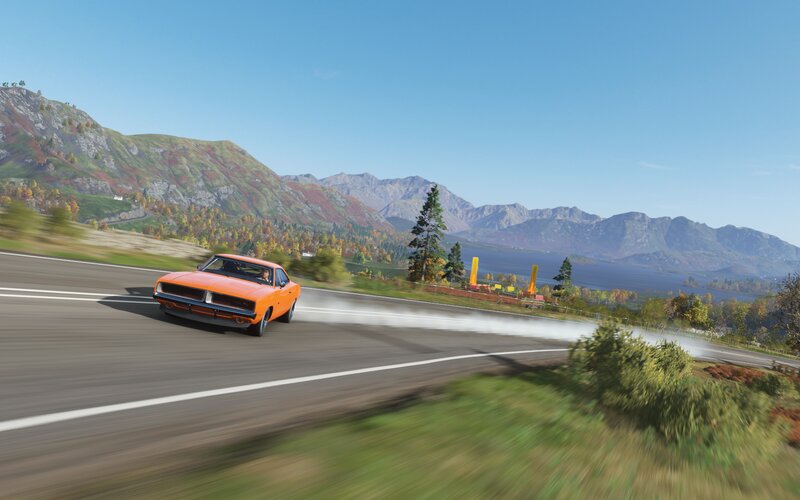 Orange Muscle Car — Dynamic, Afternoon, 3d Render, Mountains