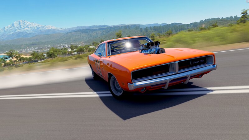 Orange Muscle Car — Dynamic, Afternoon, 3d Render, Road, Mountain