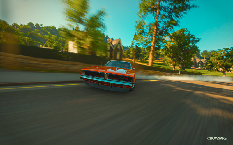 Orange Muscle Car — Dynamic, Afternoon, 3d Render, Road, Trees