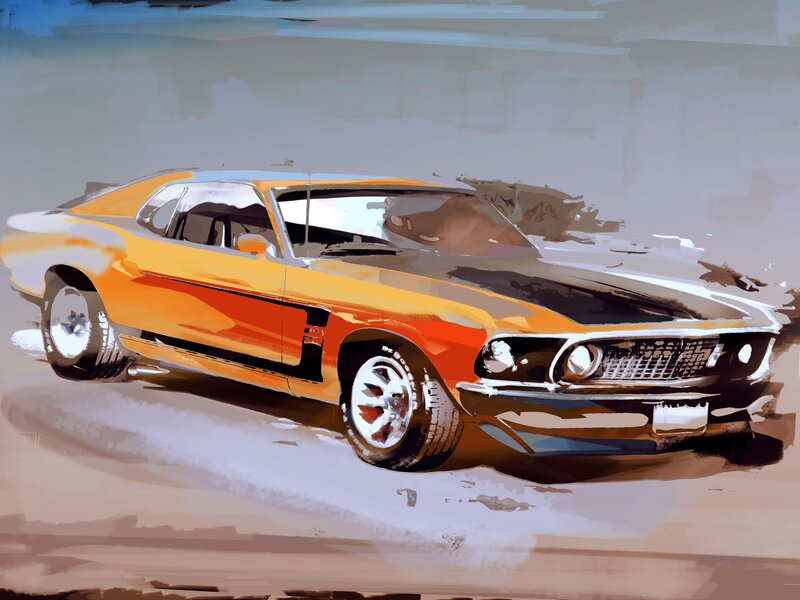 Orange Muscle Car — Dynamic, Digital Art, Road