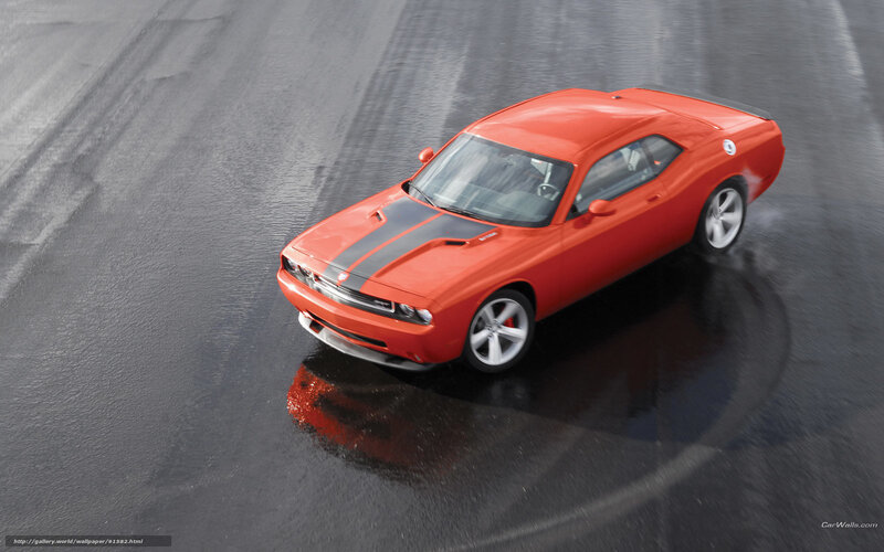 Orange muscle car on wet pavement