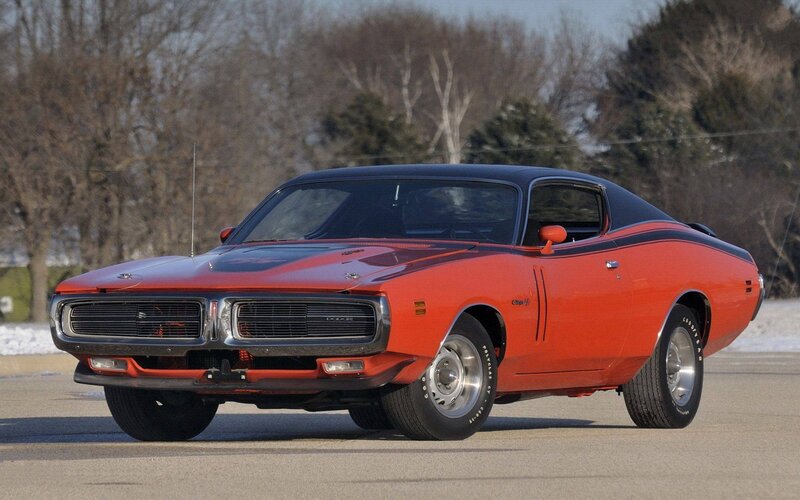 Orange Muscle Car — Red, Calm, Winter, Photograph, Trees, Snow