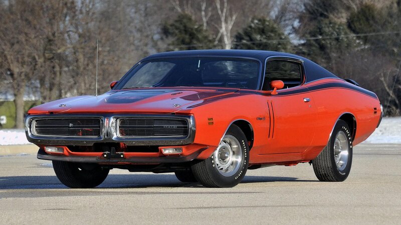 Orange Muscle Car — Red, Calm, Winter, Photograph, Trees