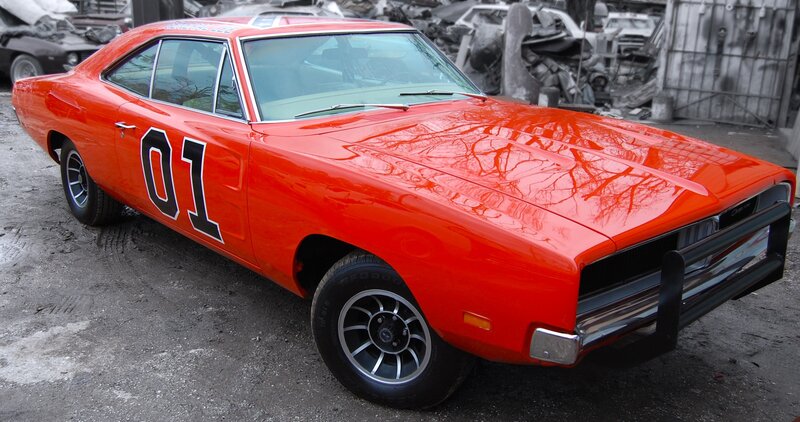 Orange Muscle Car — Red, Dramatic, Photograph, Junkyard, Trees
