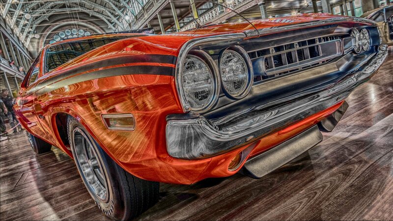 Orange Muscle Car — Red, Dramatic, Photograph, People