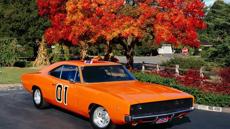 Orange Muscle Car — Serene, Autumn, Photograph, Tree, Stop Sign