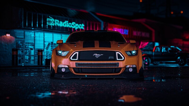 Orange Mustang Car — Dramatic, Night, Digital Art