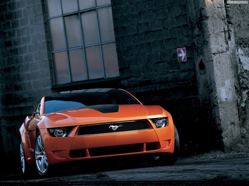 Orange Mustang Car — Dramatic, Photograph, Brick Wall