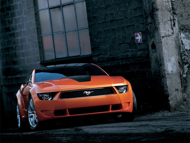 Orange Mustang Car — Dramatic, Photograph, Building