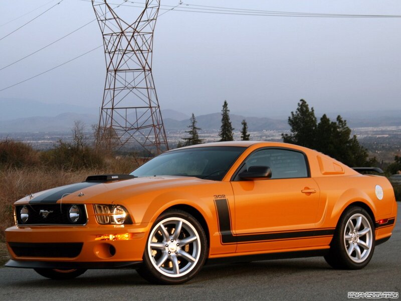 Orange Mustang Car — Dramatic, Sunset, Photograph, Power Line Tower