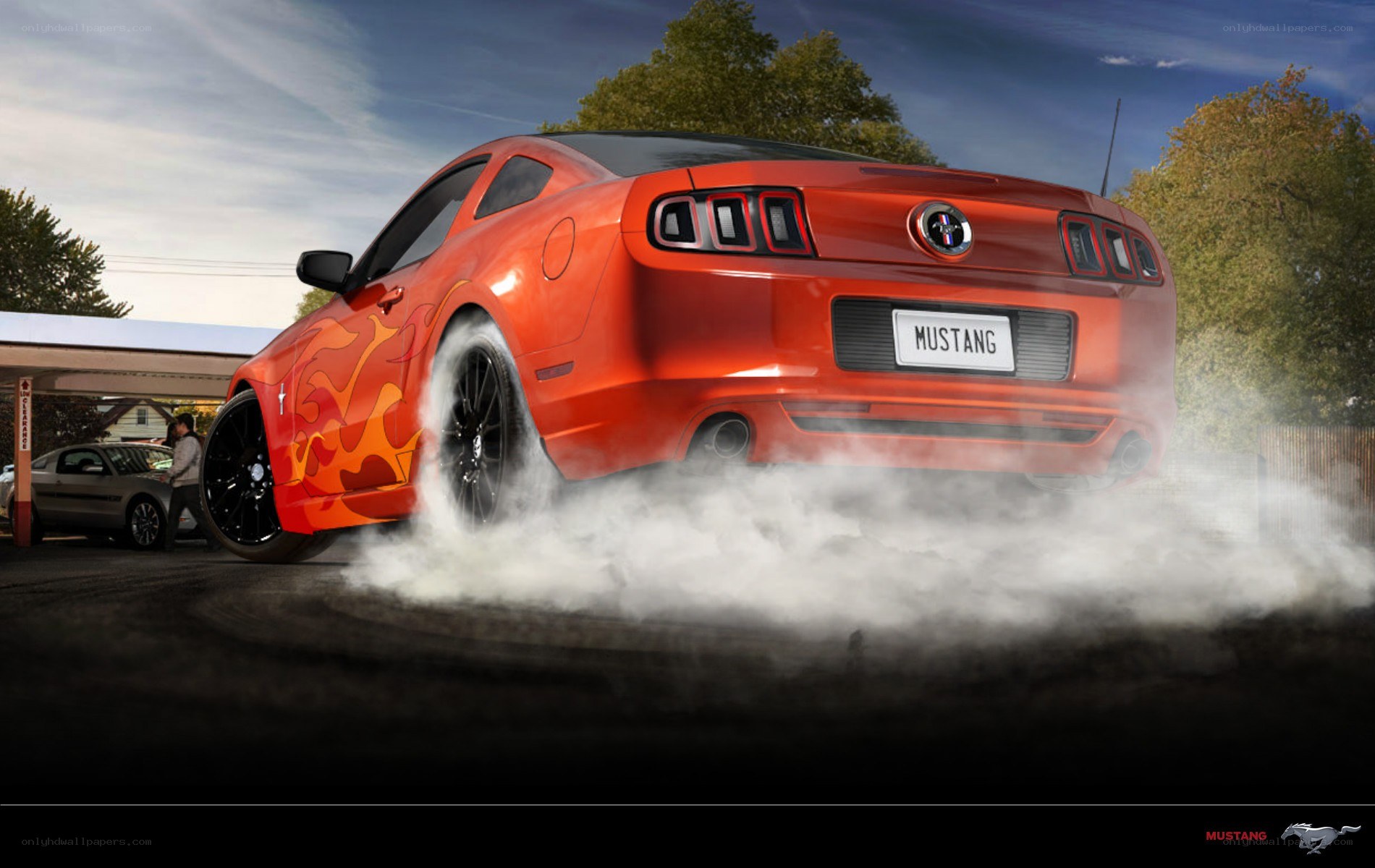 Orange Mustang doing burnout