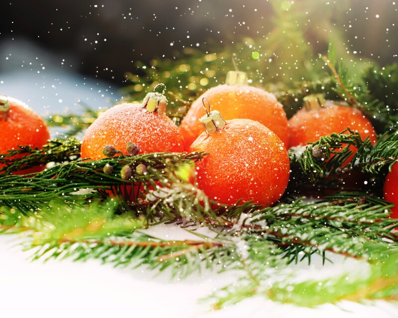 Orange Ornaments on Pine