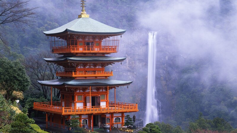 Orange Pagoda Near Waterfall