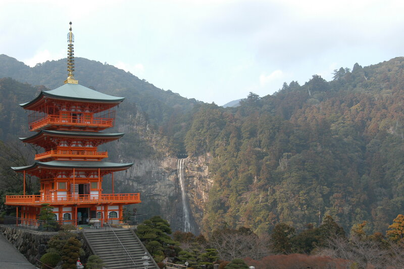 Orange Pagoda with Waterfall — Serene
