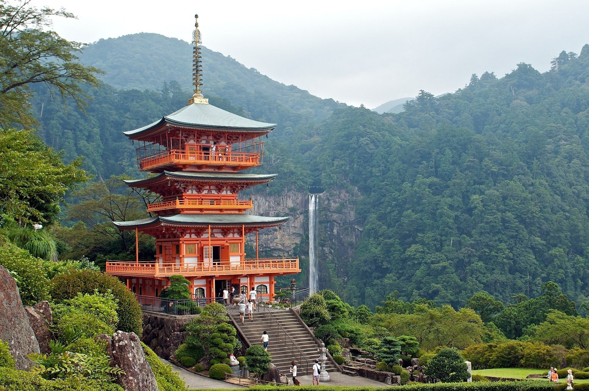 Orange pagoda with waterfall