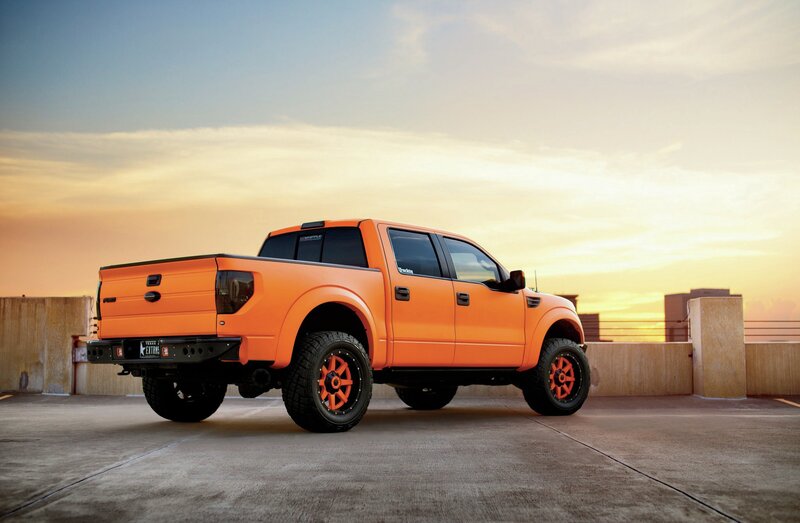Orange Pickup Truck — Dramatic, Sunset, Photograph, Parking Garage