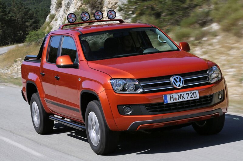 Orange Pickup Truck — Red, Dynamic, Afternoon