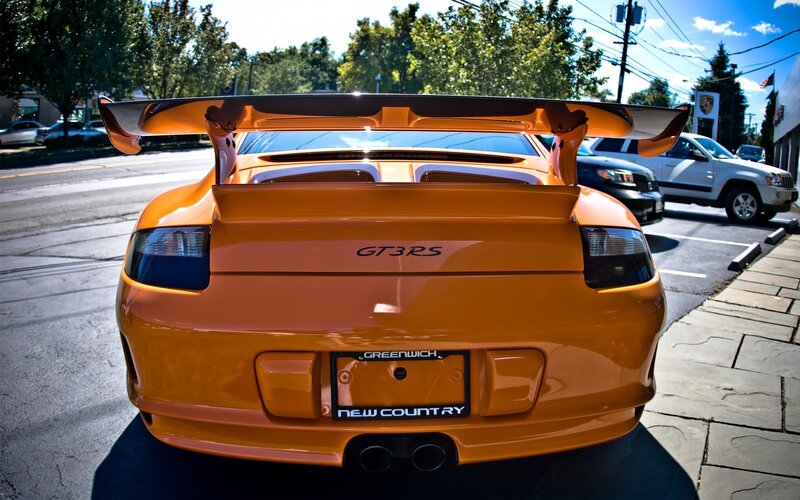 orange porsche gt3 rs rear view
