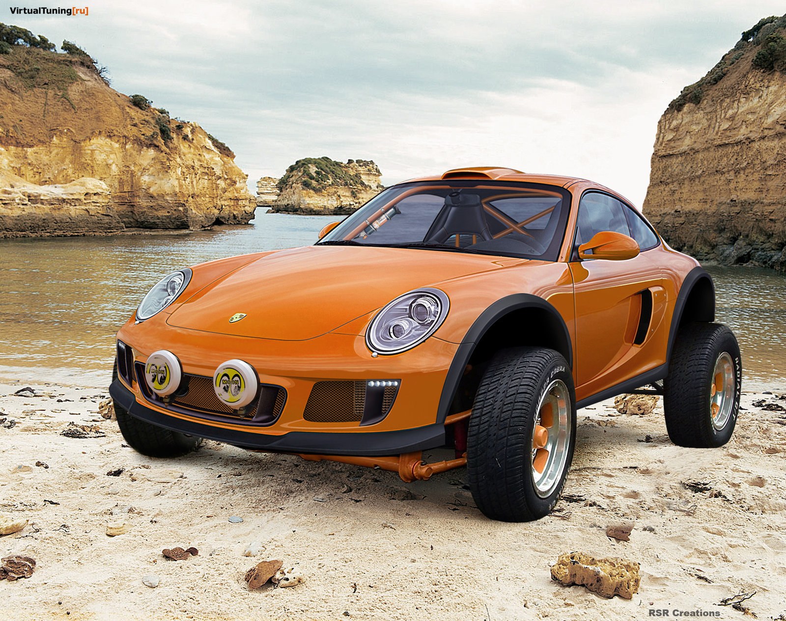 Orange Porsche on a beach