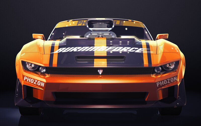 Orange Race Car — Dramatic, 3d Render, Stripes, Hood Scoop
